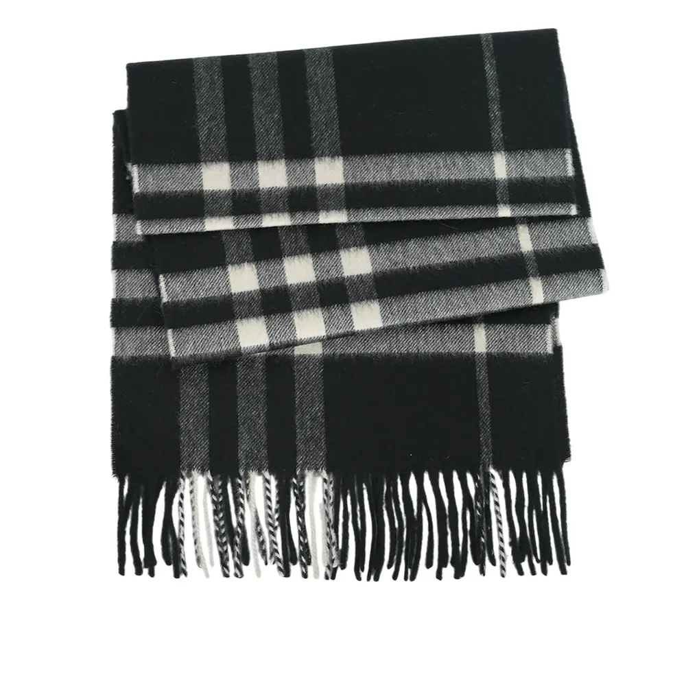 【BURBERRY】基本款經典格紋喀什米爾圍巾(黑色/白布色)/ 平行輸入