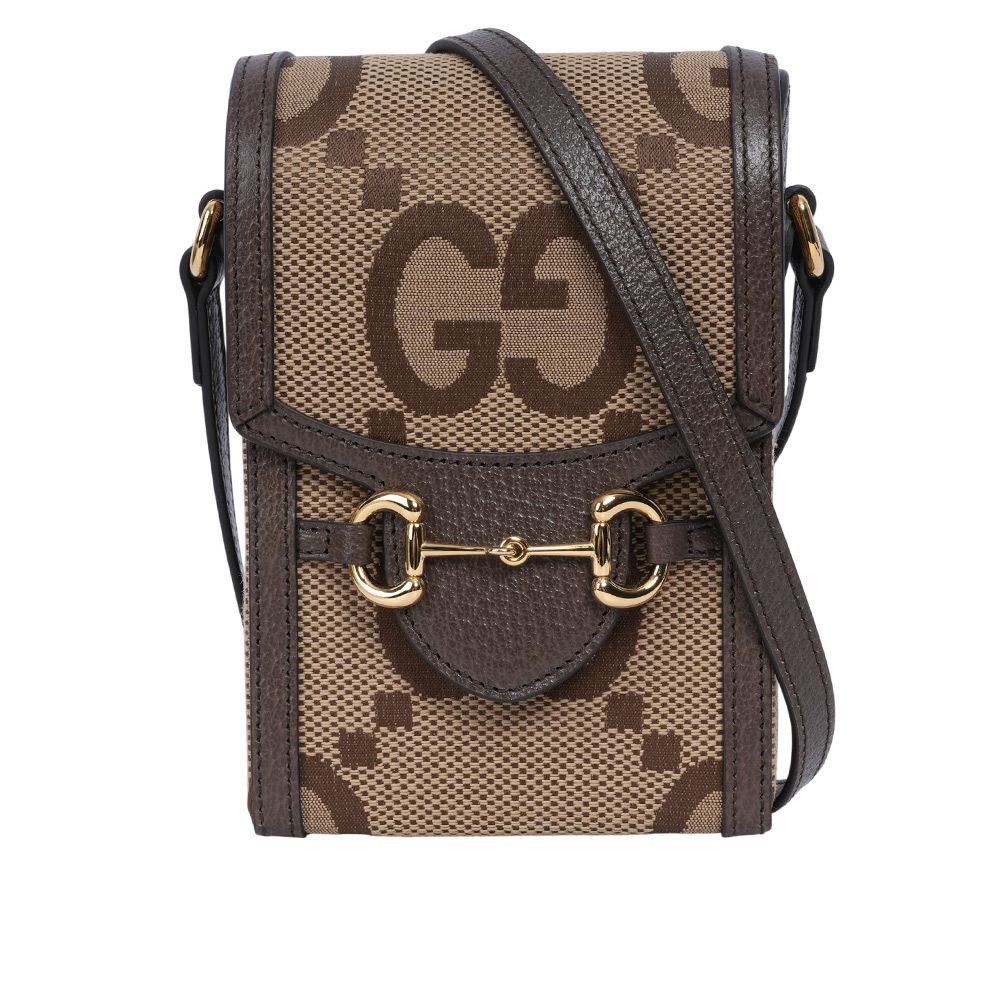 【GUCCI】Horsebit 1955 Jumbo GG 標誌緹花手機斜背包(棕色)/ 平行輸入
