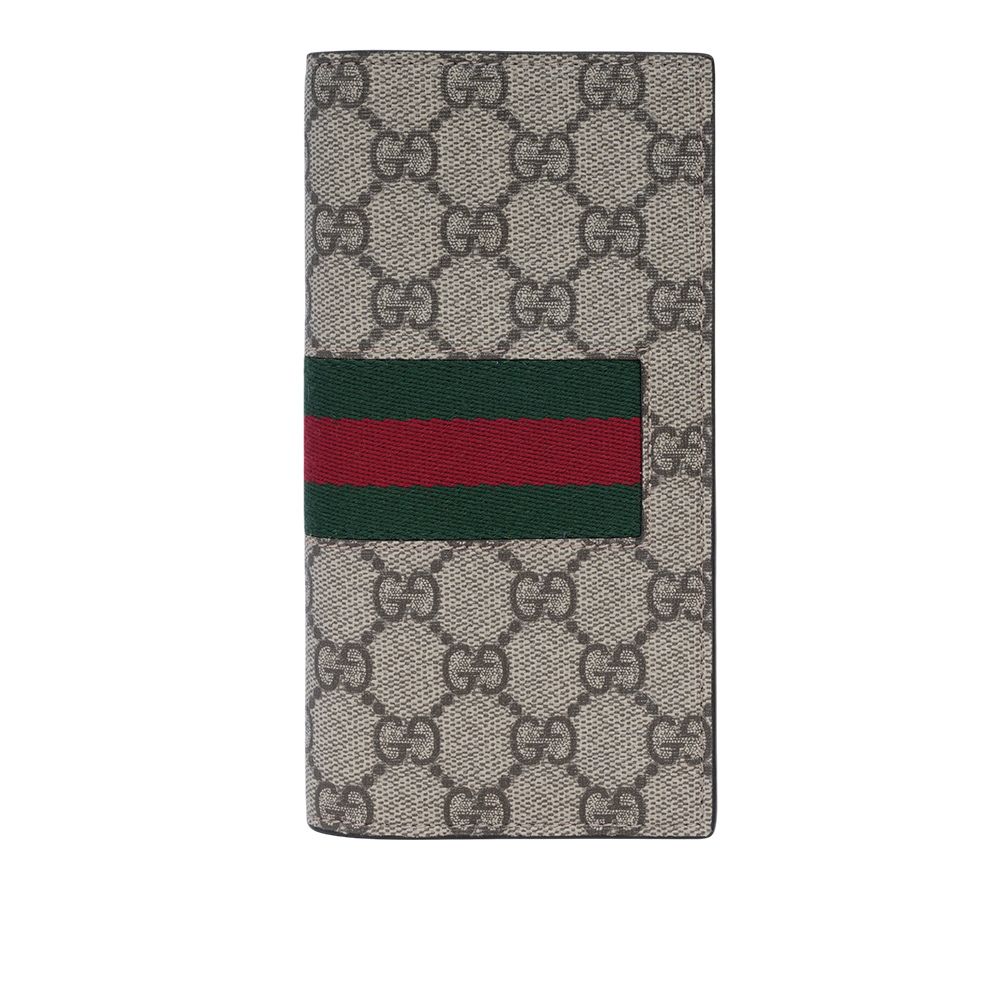 【GUCCI】GG Supreme 塗層帆布及綠紅織帶二折長夾(米色/烏木色)/ 平行輸入
