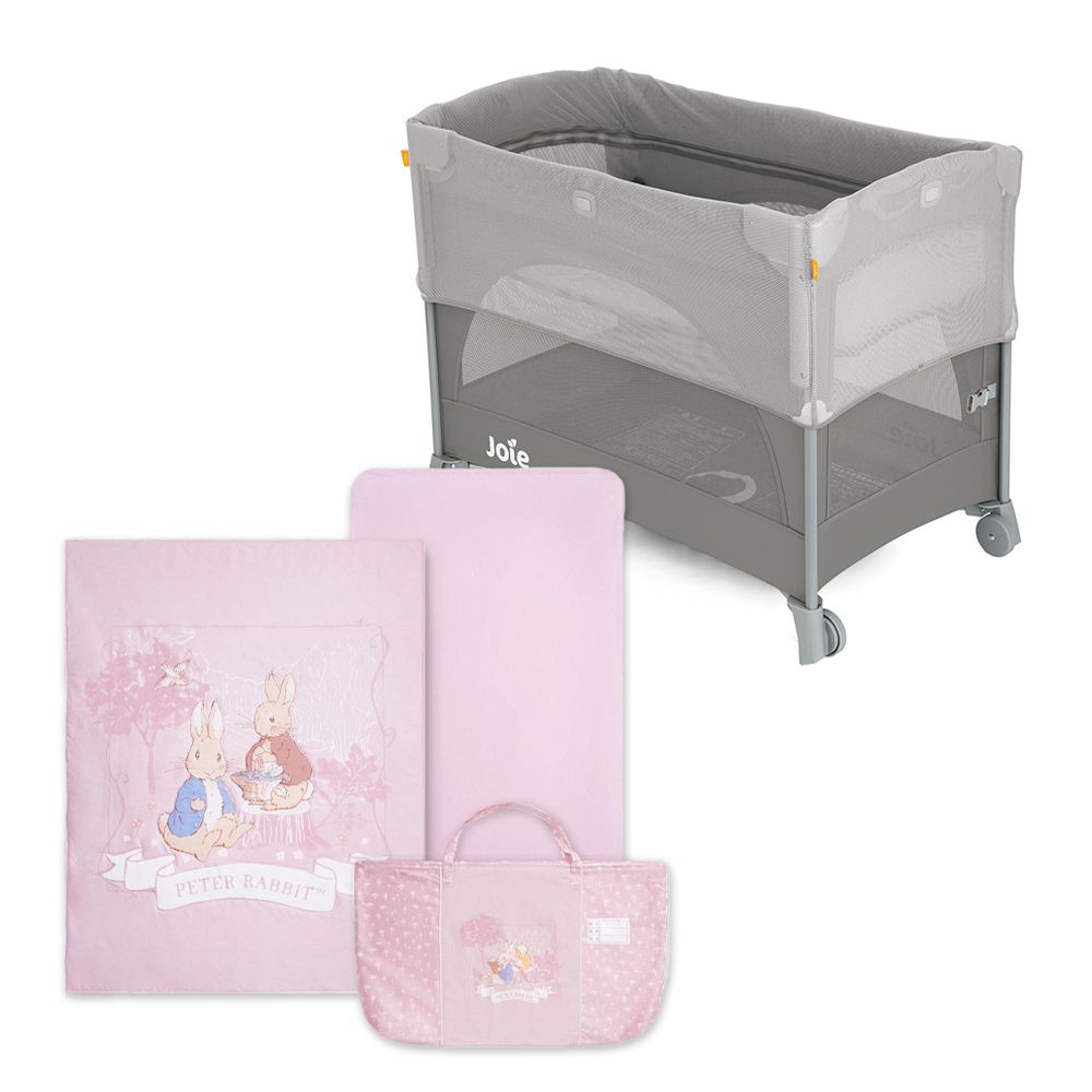 【Joie】kubbie sleep 嬰兒床+悅讀比得兔床邊床三件式床組/床寢組 (被子、床包、提袋)/ 粉色