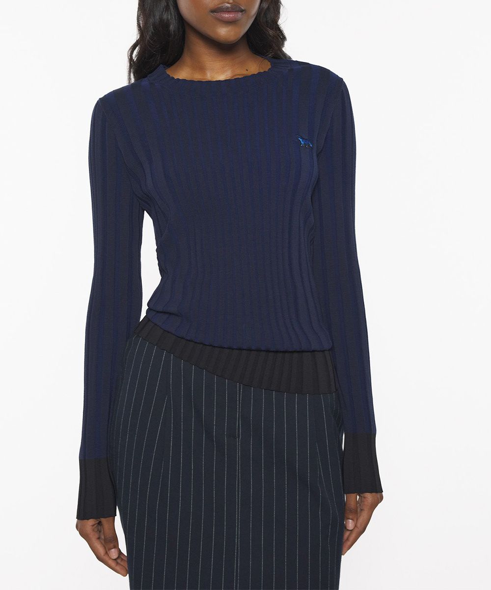MAISON KITSUNÉ 午夜藍色塊小狐狸LOGO羅紋圓領毛衣/女裝/ XS