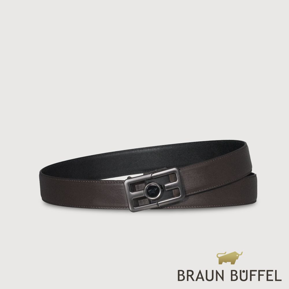 【BRAUN BUFFEL 德國小金牛】台灣總代理 時尚紳士 前推式磨砂格柵自動扣皮帶-鎗色/BF25S-RO027-SGU/ 42吋