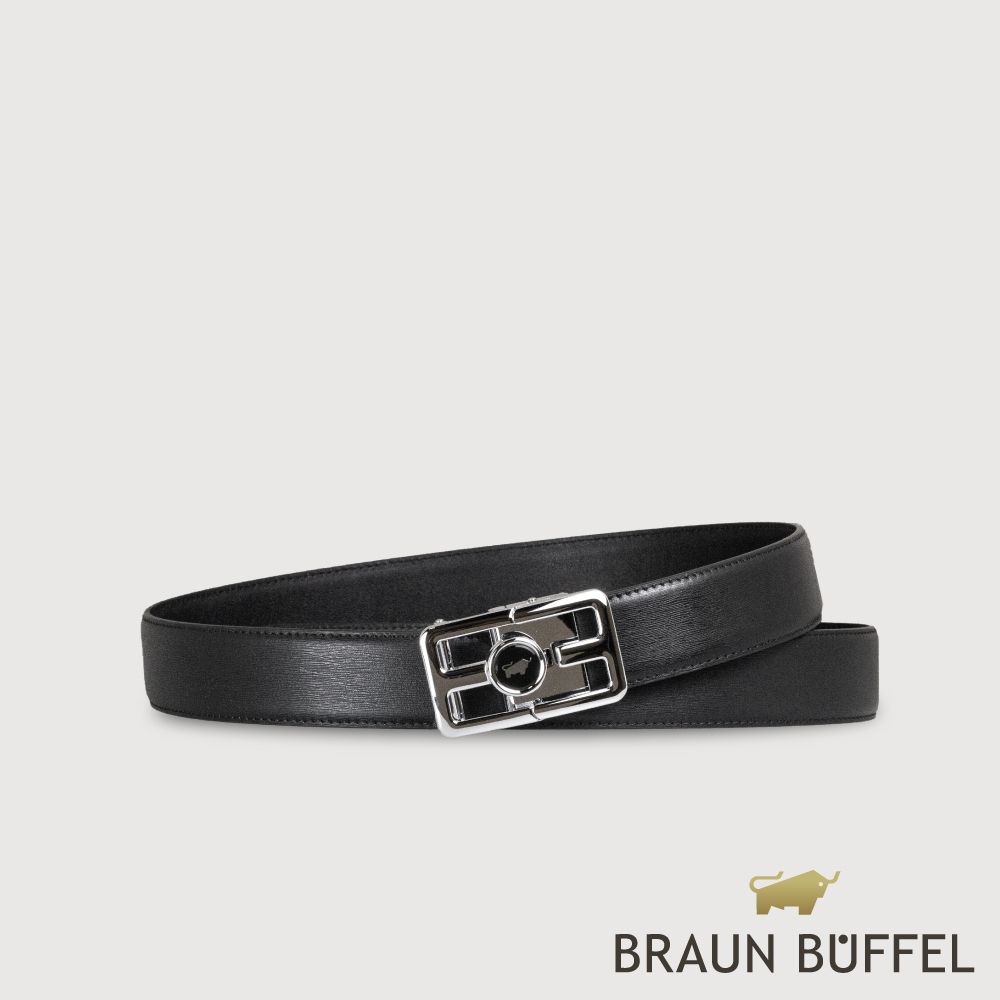 【BRAUN BUFFEL 德國小金牛】台灣總代理 時尚紳士 前推式磨砂格柵自動扣皮帶-銀色/BF25S-RO027-SNK/ 42吋