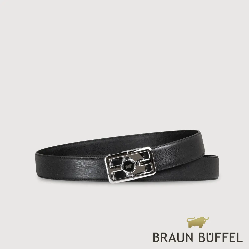 【BRAUN BUFFEL 德國小金牛】台灣總代理 時尚紳士 前推式磨砂格柵自動扣皮帶-銀色/BF25S-RO027-SNK/ 44吋