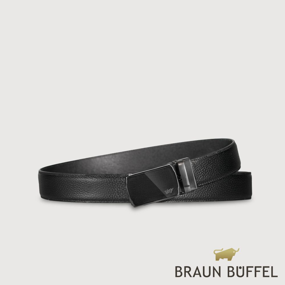 【BRAUN BUFFEL 德國小金牛】台灣總代理 時尚紳士 鏡面拉絲無齒自動扣皮帶-鎗色/BF25S-RO031-SGU/ 42吋