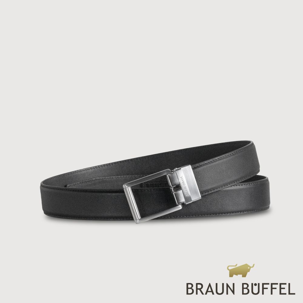 【BRAUN BUFFEL 德國小金牛】台灣總代理 時尚紳士 前推式鏤空自動扣皮帶-銀色/BF25S-RO032-SNK/ 42吋