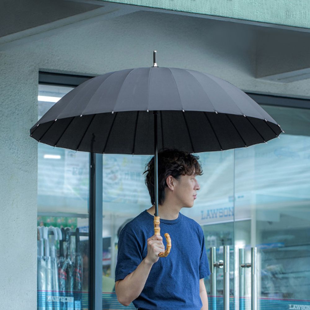 日本霜山 24骨防風大傘面晴雨兩用竹柄自動傘/ 黑