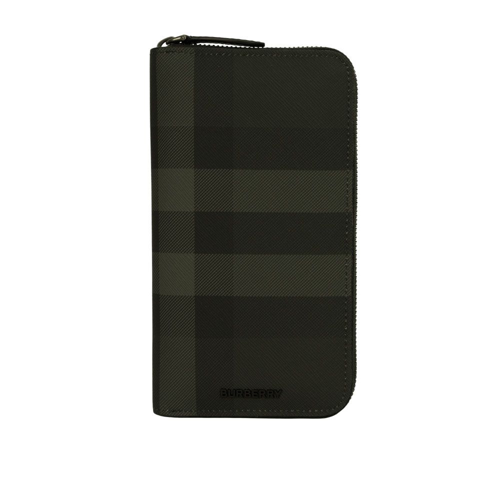 【BURBERRY 巴寶莉】格紋塗層帆布及牛皮拉鍊型長夾(炭灰色)/平行輸入