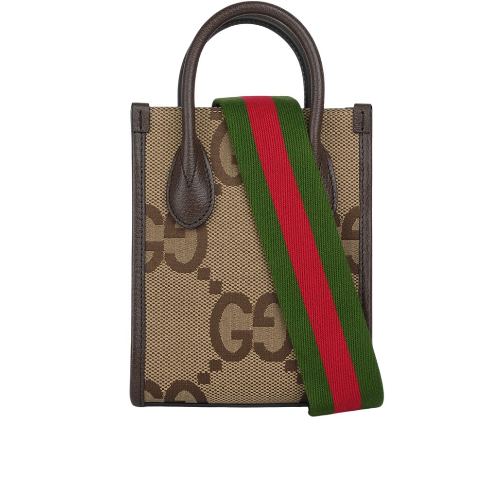 【GUCCI】Jumbo GG Logo 緹花布及皮革迷你二用斜背托特包(棕色)/平行輸入