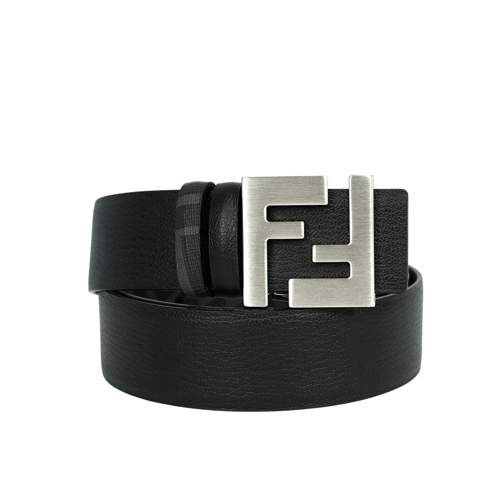 【FENDI】FF Squared 銀釦帆布及牛皮 100cm 雙面可用皮帶(黑色/黑灰色)/平行輸入