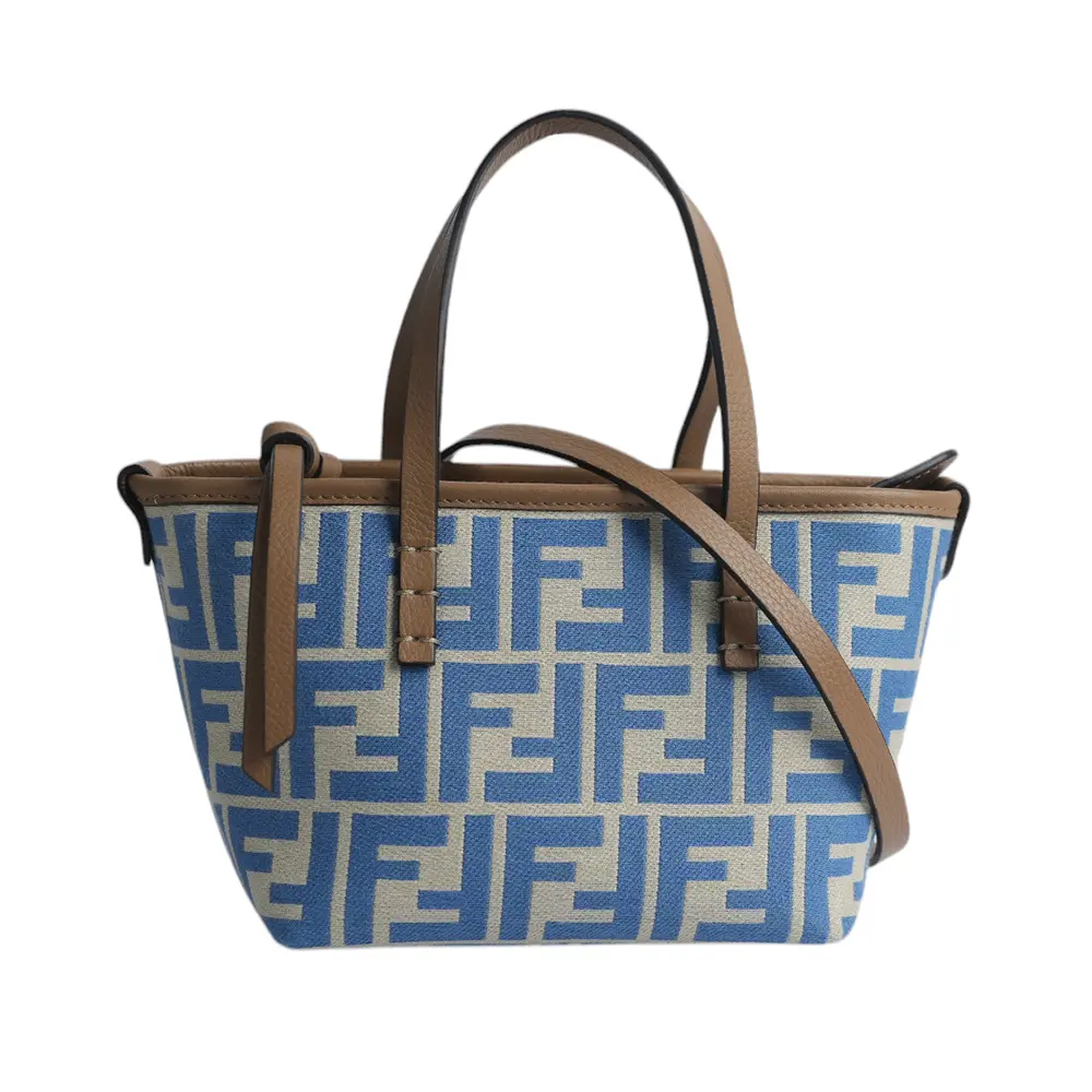 【FENDI】Roll FF Logo 緹花布迷你手提/斜背二用包(淺藍色)/平行輸入