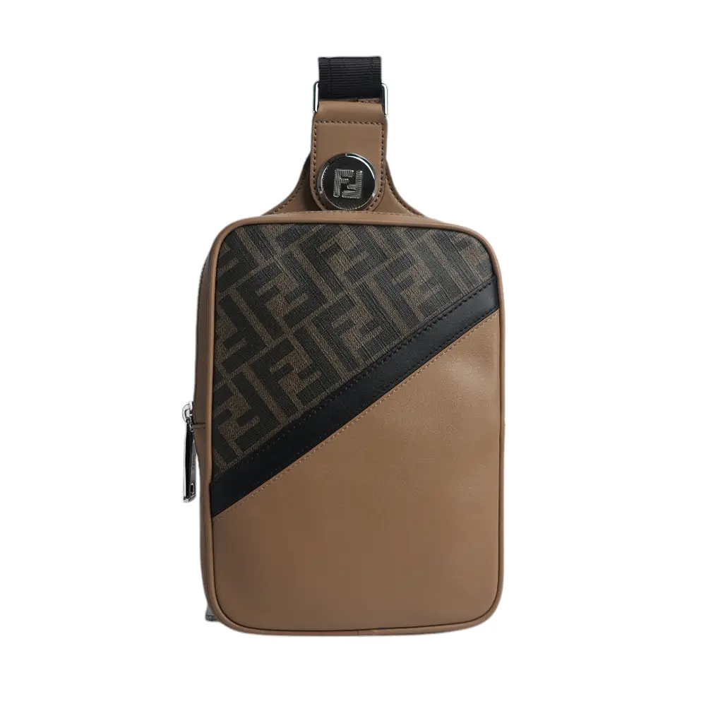 【FENDI】Diagonal 對角設計帆布及皮革胸口包/腰包(棕色)/平行輸入