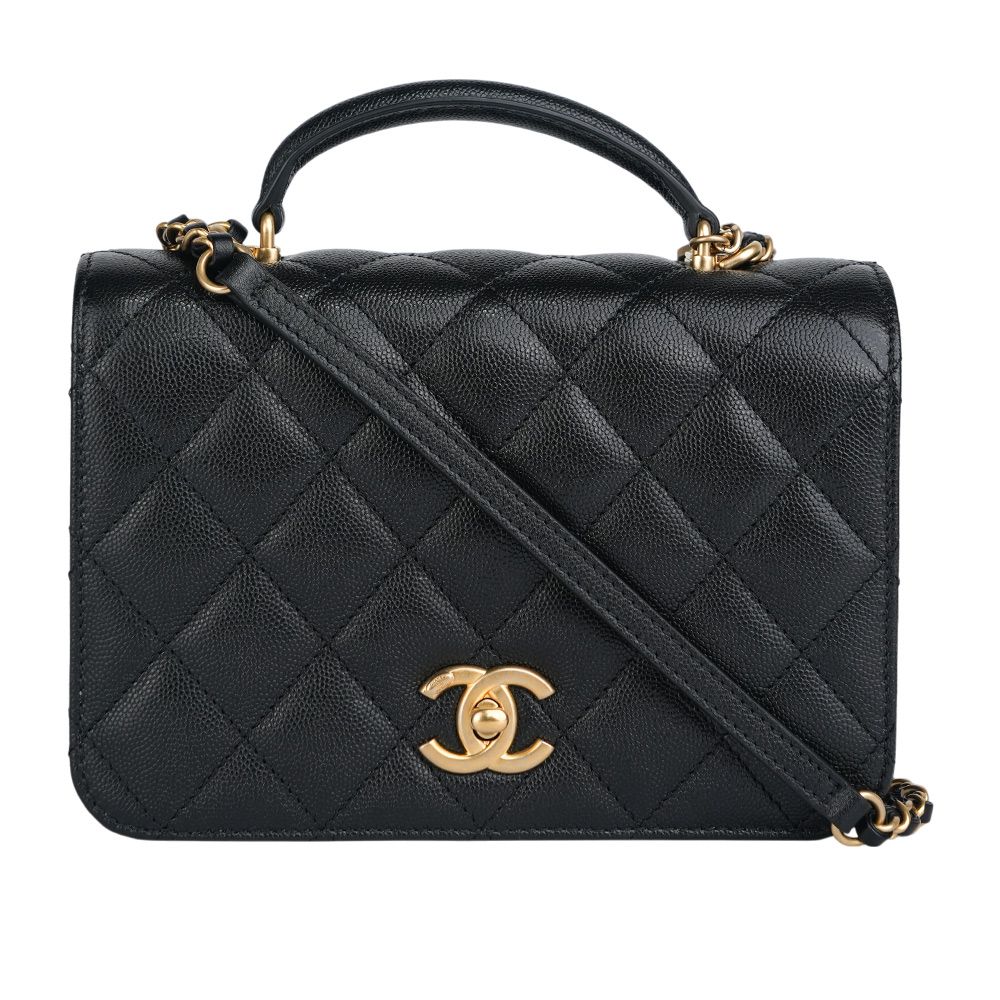 【CHANEL】金色CC Logo 菱格紋風琴式翻蓋手提/斜背二用包_展示品(黑色)/ 平行輸入