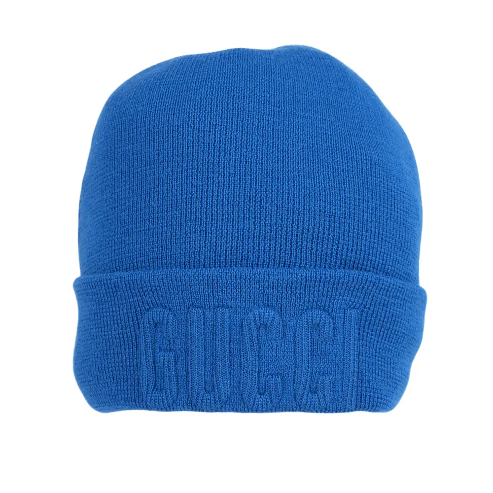 【GUCCI】刺繡Logo 羊毛毛帽 M號 (藍色)/ 平行輸入