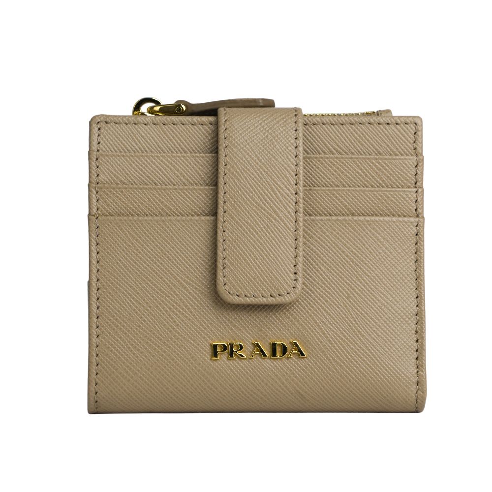 【PRADA】金字浮雕Logo 防刮牛皮卡片短夾(藕粉色)/ 平行輸入