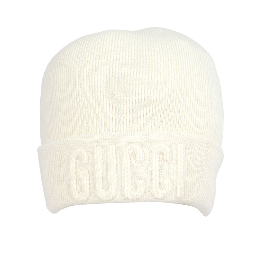 【GUCCI 古馳】刺繡Logo 羊毛毛帽 M號 (白色)/ 平行輸入