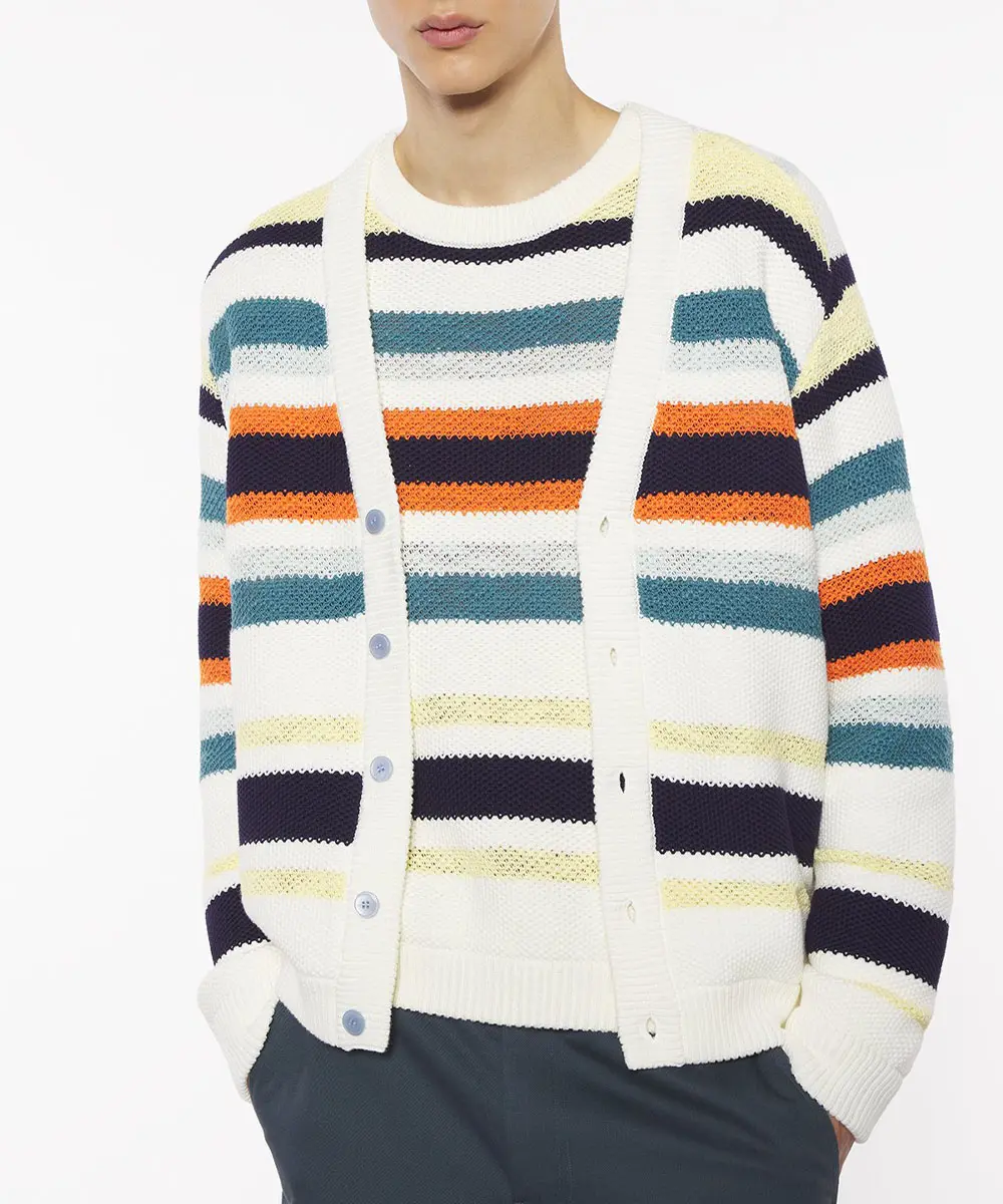 MAISON KITSUNÉ 彩色條紋手繪LOGO舒適開襟針織衫_男/中性/ S