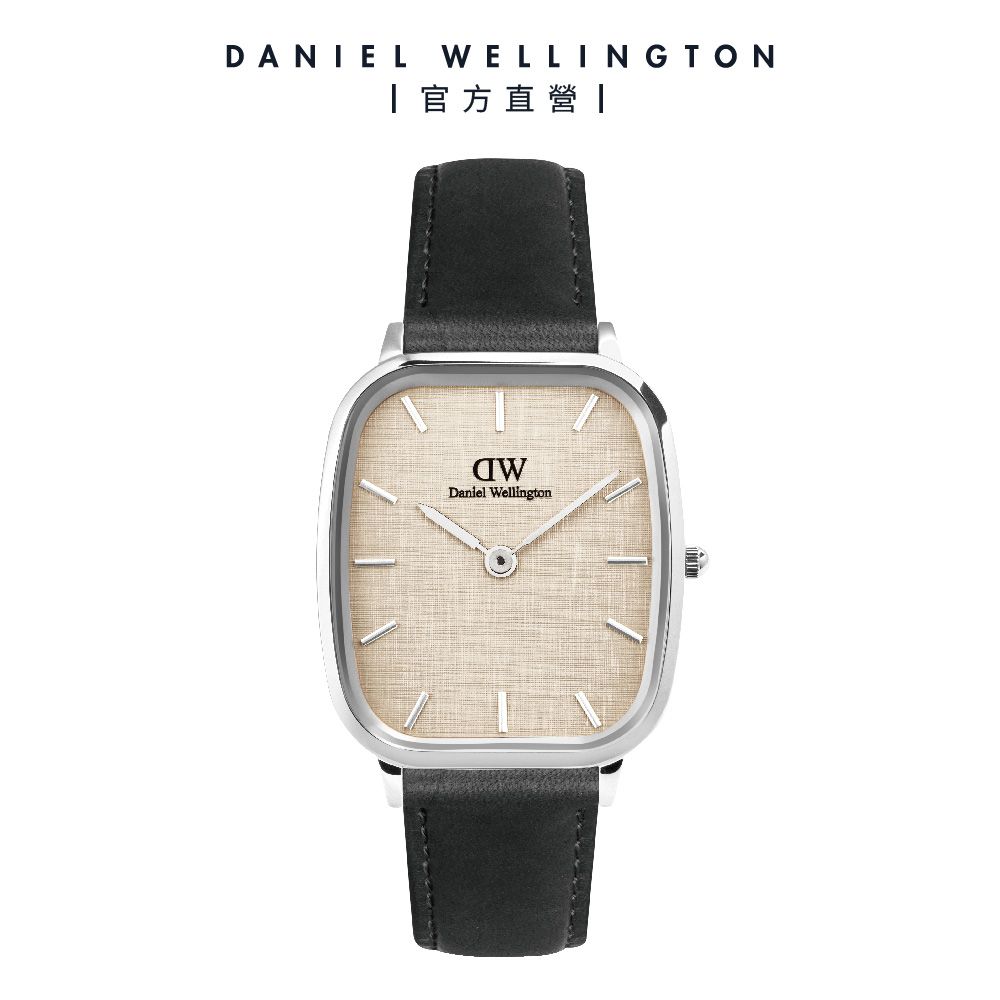 Daniel Wellington 手錶 Marlon 32x36,30mm 復古織紋真皮皮革方錶-黑皮皮革錶-星光銀(DW00100813)