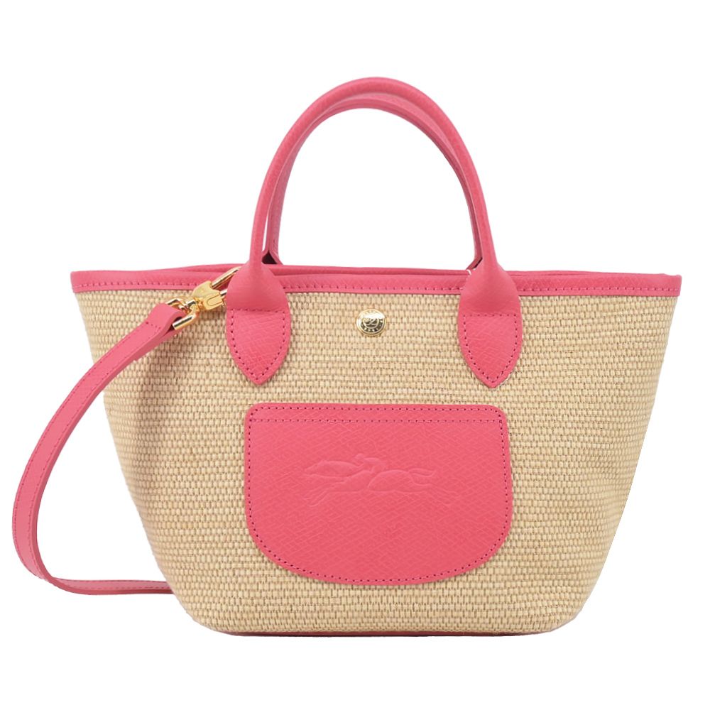 LONGCHAMP LE PANIER PLIAGE系列前口袋編織兩用提籃包(迷你/暈紅)/平行輸入