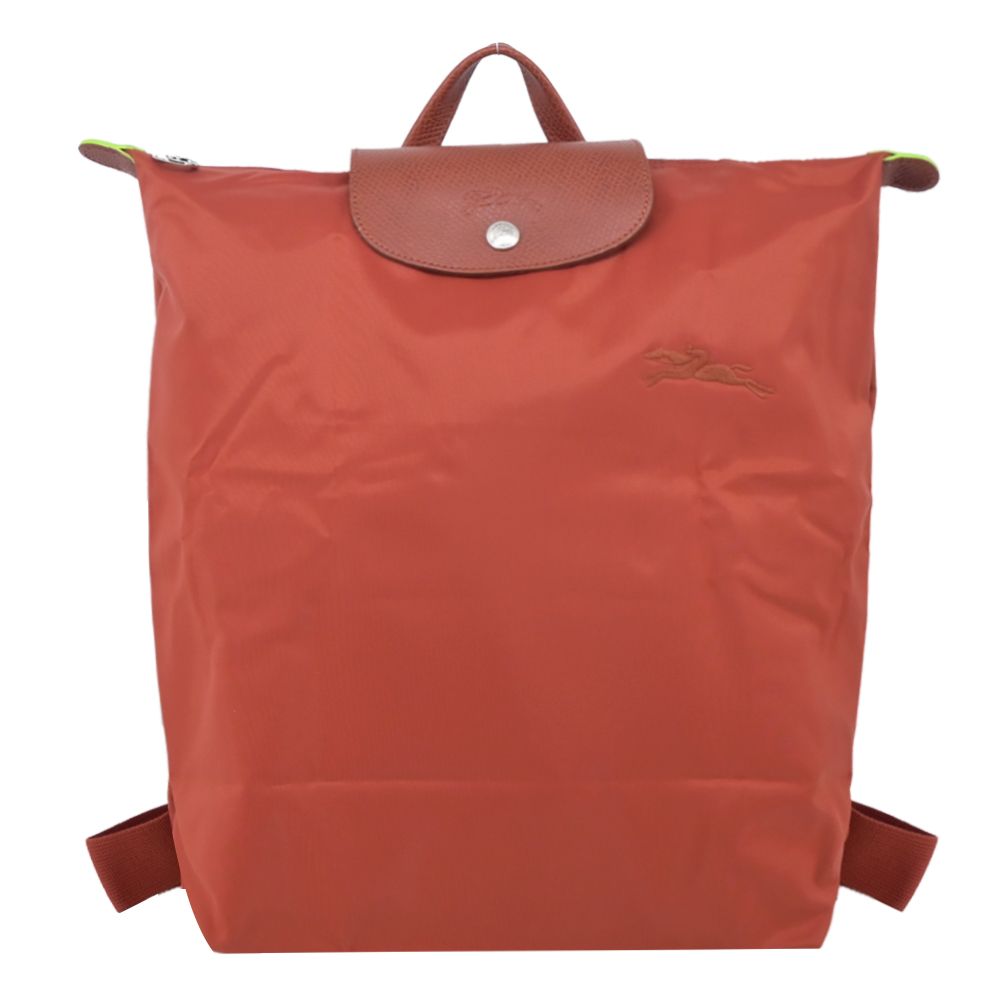LONGCHAMP LE PLIAGE GREEN系列刺繡再生尼龍摺疊後背包(中/栗子紅)/平行輸入
