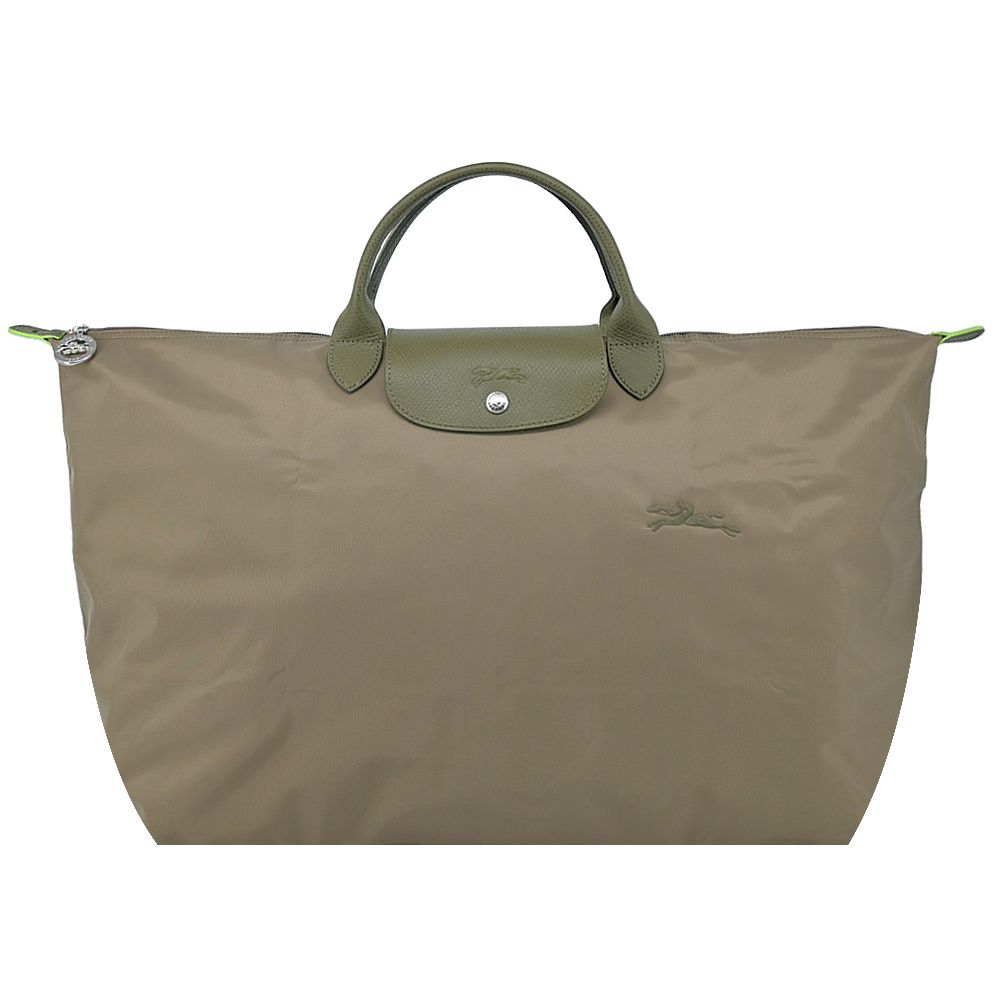 LONGCHAMP LE PLIAGE GREEN系列刺繡短把再生尼龍摺疊旅行袋(大/朝鮮薊綠)/平行輸入