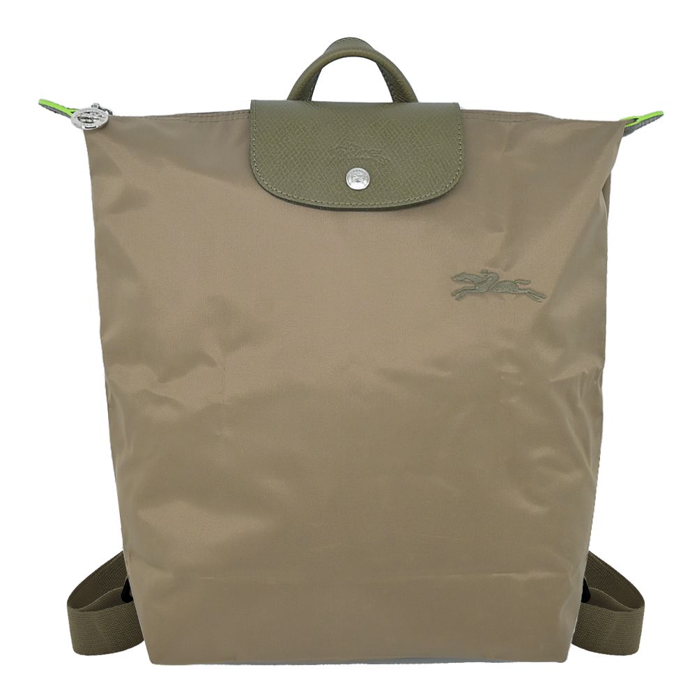 LONGCHAMP LE PLIAGE GREEN系列刺繡再生尼龍摺疊後背包(中/朝鮮薊綠)/平行輸入