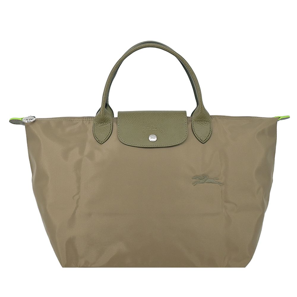 LONGCHAMP LE PLIAGE GREEN系列刺繡短把再生尼龍摺疊水餃包(中/朝鮮薊綠)/平行輸入