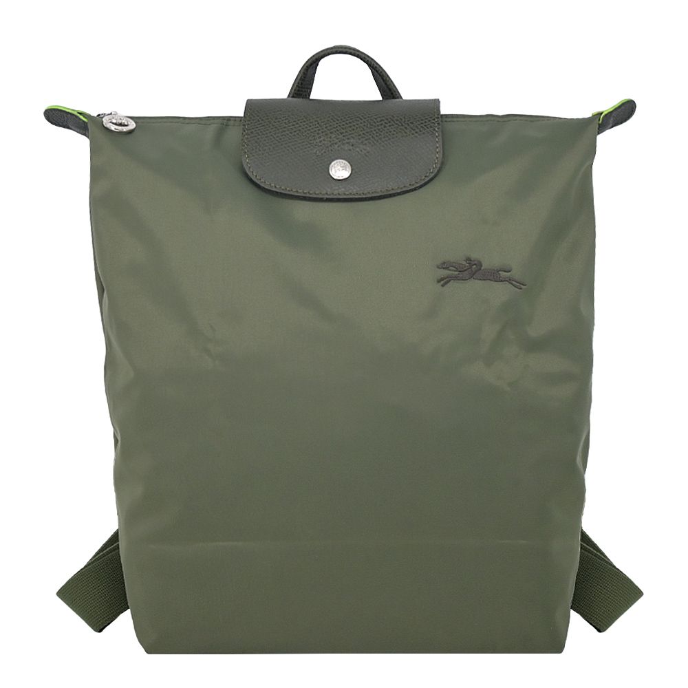 LONGCHAMP LE PLIAGE GREEN系列刺繡再生尼龍摺疊後背包(中/森林綠)/平行輸入