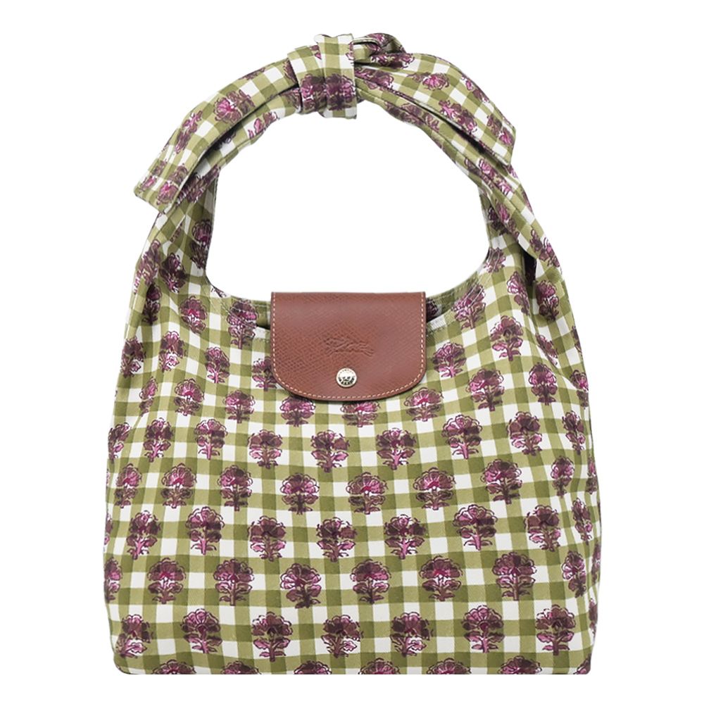 LONGCHAMP LE PLIAGE系列滿版格紋印花棉質帆布蝴蝶結肩背包(中/朝鮮薊綠)/平行輸入