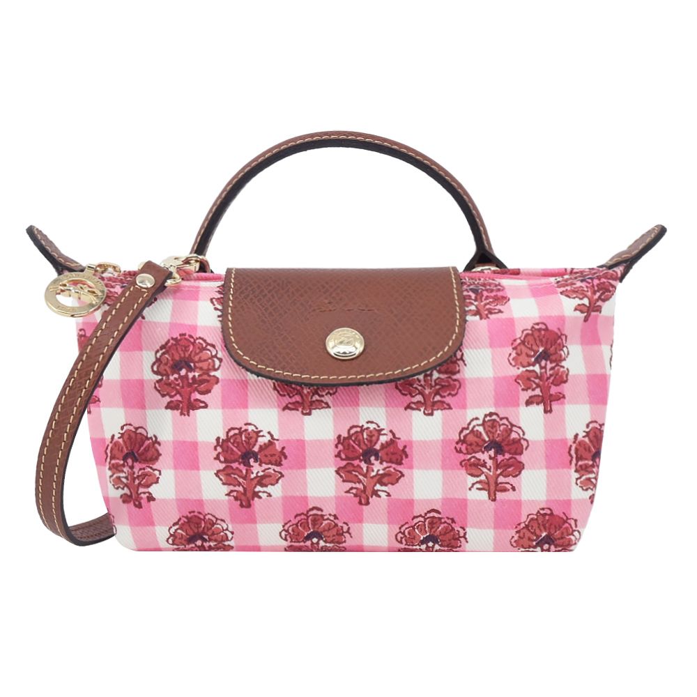 LONGCHAMP LE PLIAGE系列滿版格紋印花棉質帆布化妝/斜背包(迷你/暈紅)/平行輸入