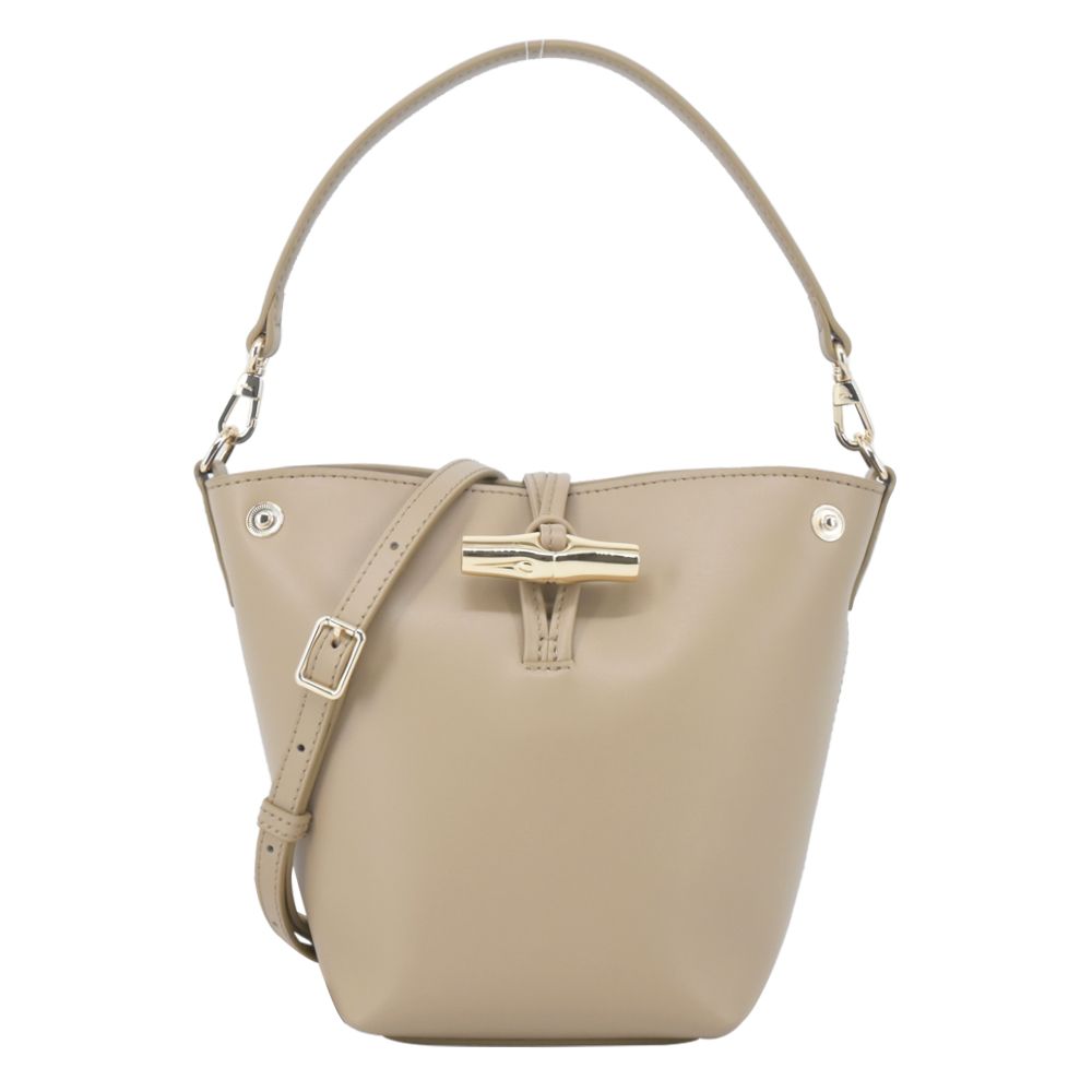 LONGCHAMP LE ROSEAU系列金屬竹節滑面小牛皮兩用水桶包(迷你/香草)/平行輸入
