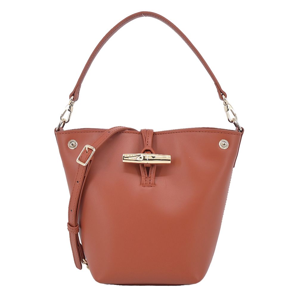 LONGCHAMP LE ROSEAU系列金屬竹節滑面小牛皮兩用水桶包(迷你/樹皮紅)/平行輸入