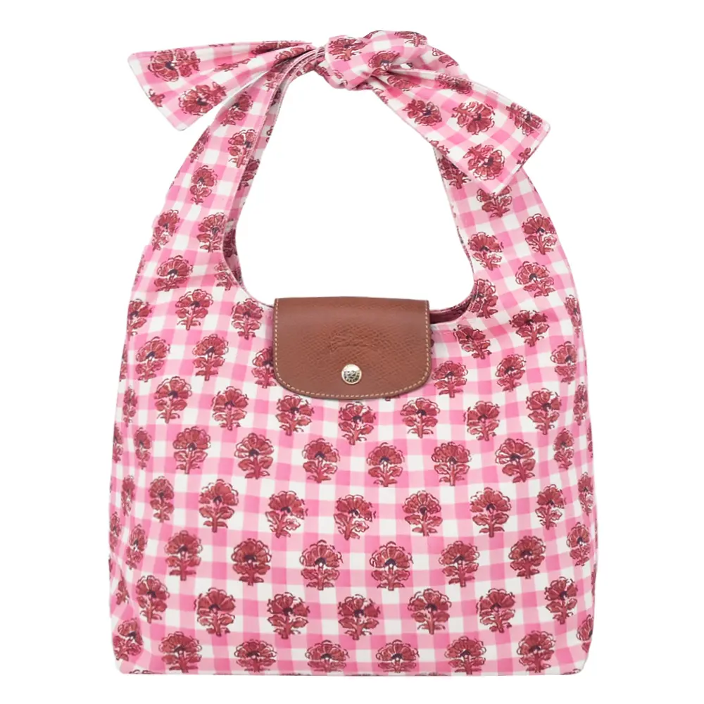 LONGCHAMP LE PLIAGE系列滿版格紋印花棉質帆布蝴蝶結肩背包(中/暈紅)/平行輸入