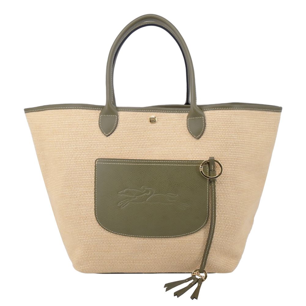LONGCHAMP LE PANIER PLIAGE系列前口袋編織提籃包(大/朝鮮薊綠)/平行輸入