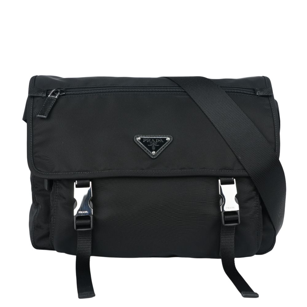 【PRADA】三角牌尼龍雙釦中款斜背包/相機包(黑色)/ 平行輸入