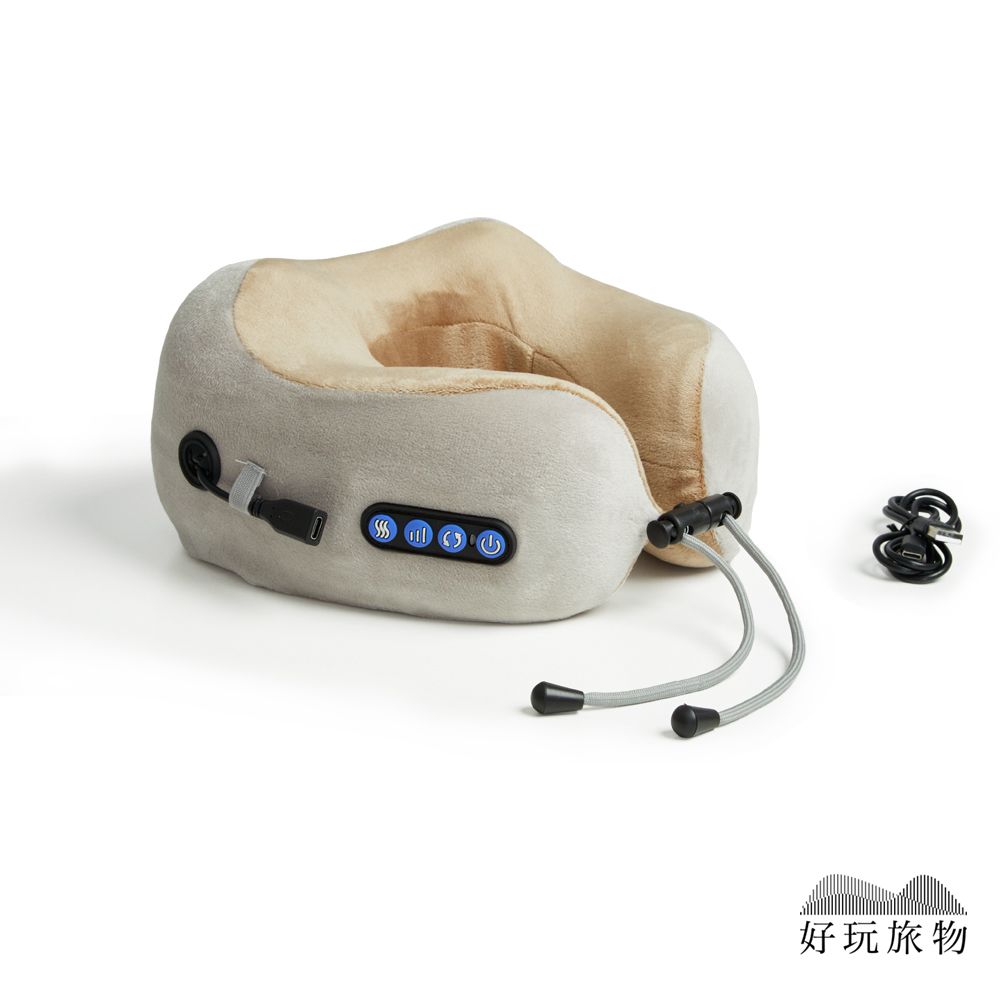 【好玩旅物】充電式恆溫肩頸按摩旅行U型靠枕/ 咖啡色