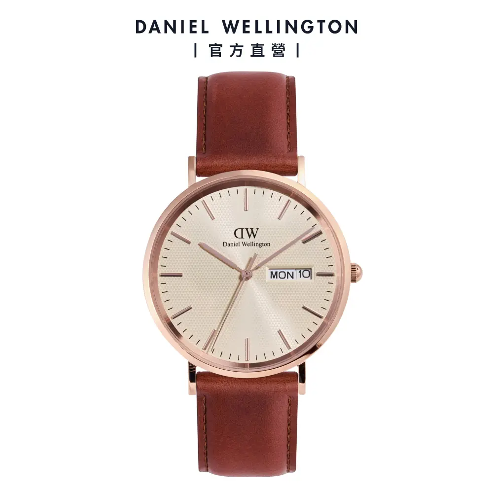 Daniel Wellington 手錶 Classic 40mm Day Display 真皮皮革錶-棕色皮革-香檳金(DW00100829)