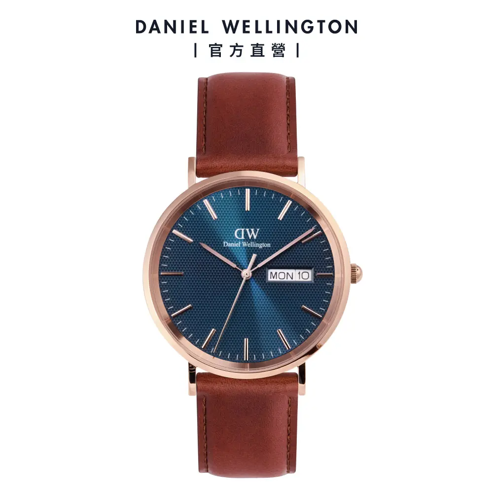 Daniel Wellington 手錶 Classic 40mm Day Display 真皮皮革錶-棕色皮革-極光藍(DW00100830)