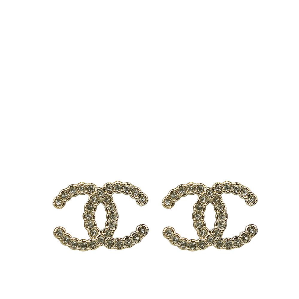 【CHANEL】CC Logo 水鑽中款針式耳環(金色)/ 平行輸入
