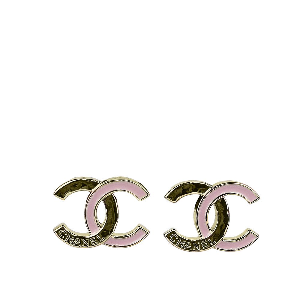 【CHANEL】CC Logo 標誌刻印拼色針式耳環(金色/玫瑰粉)/ 平行輸入