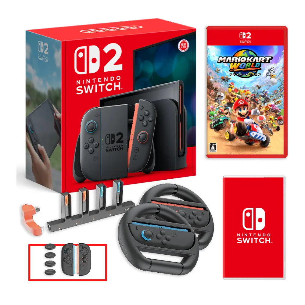 ［御玩家］Nintendo Switch 2 公司貨主機 + 賽車9遊戲片(新品)+熱門遊戲多選一+收納包+保護貼+方向盤+手把充電座/ 薩爾達傳說王國之淚