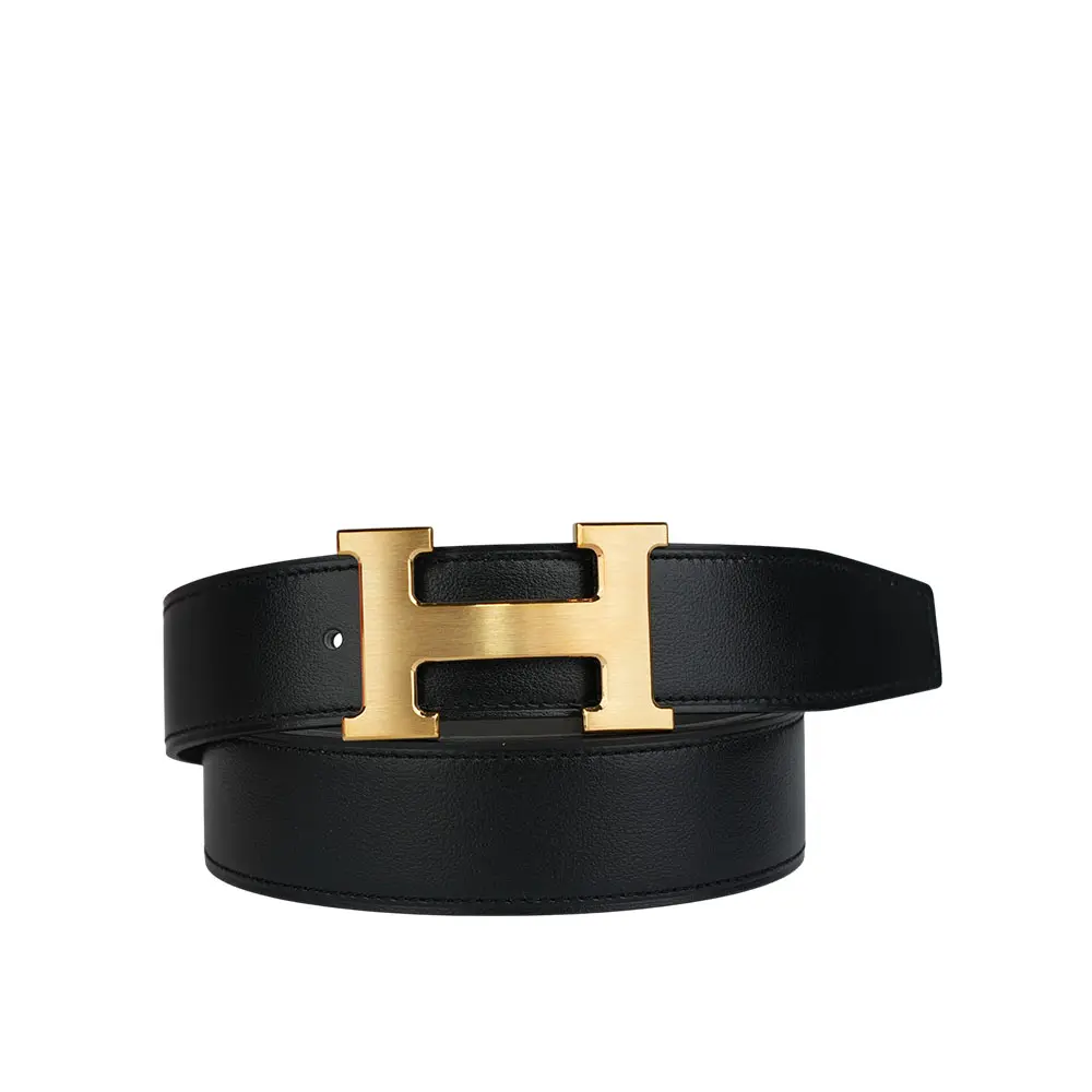 【HERMES】拼色Togo及Box皮+磨砂金釦H Logo皮帶 (90cm/黑色/錫器灰)/ 平行輸入