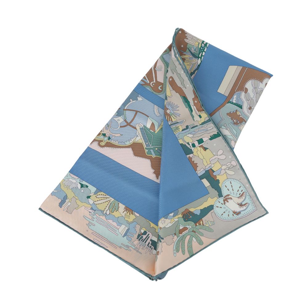 【HERMES】靴子的故事絲質方巾(90 x 90)(藍色/玫瑰粉/綠色)/ 平行輸入