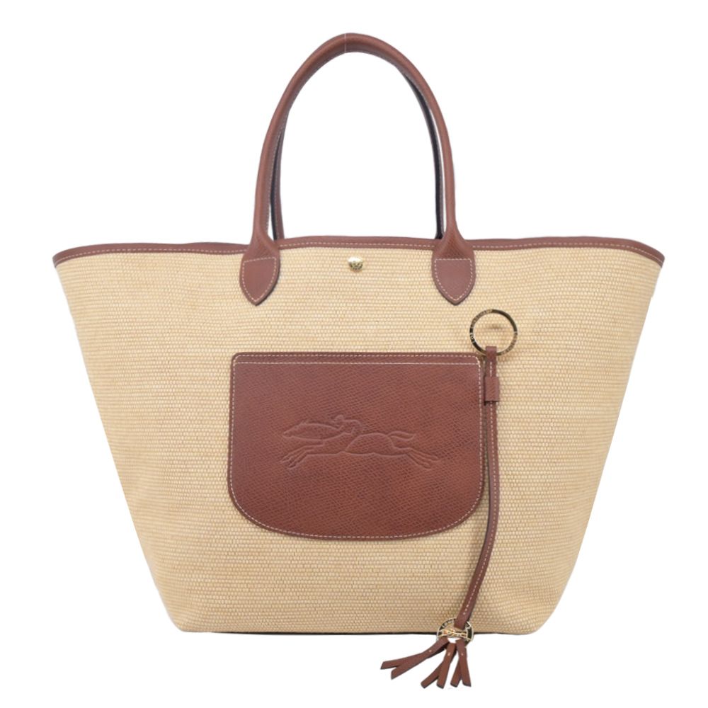 LONGCHAMP LE PANIER PLIAGE系列前口袋編織提籃包(大/棕)/平行輸入