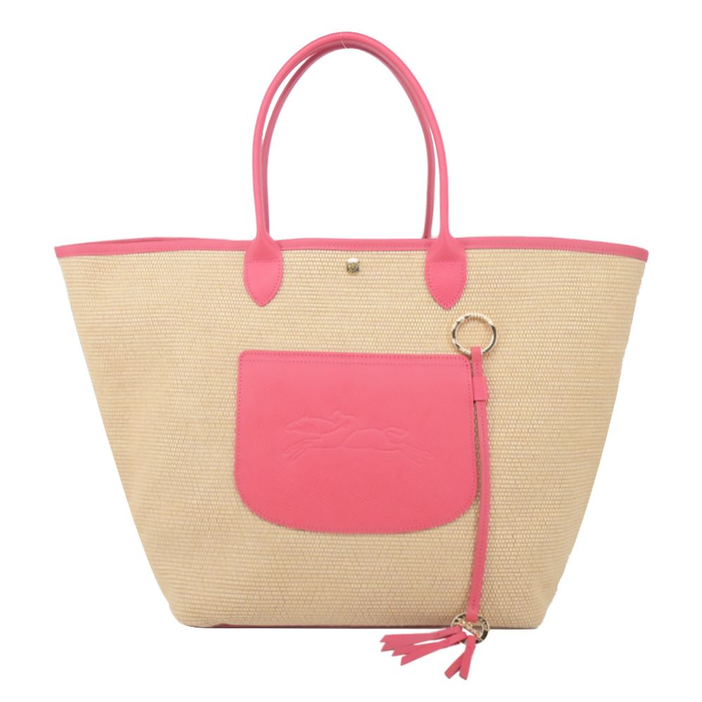 LONGCHAMP LE PANIER PLIAGE系列前口袋編織提籃包(大/暈紅)/平行輸入