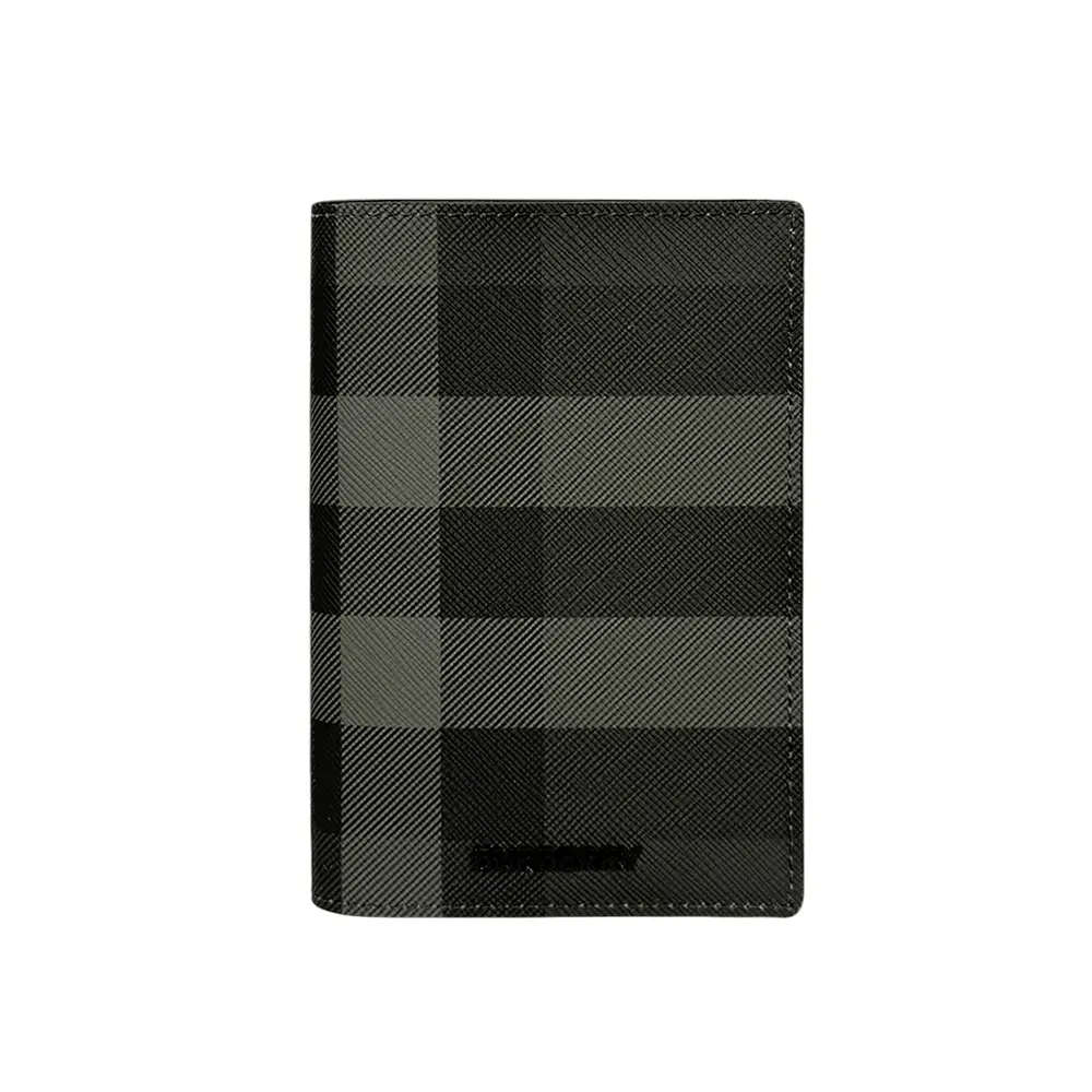 【BURBERRY】格紋塗層帆布及牛皮護照夾(炭灰色)/ 平行輸入