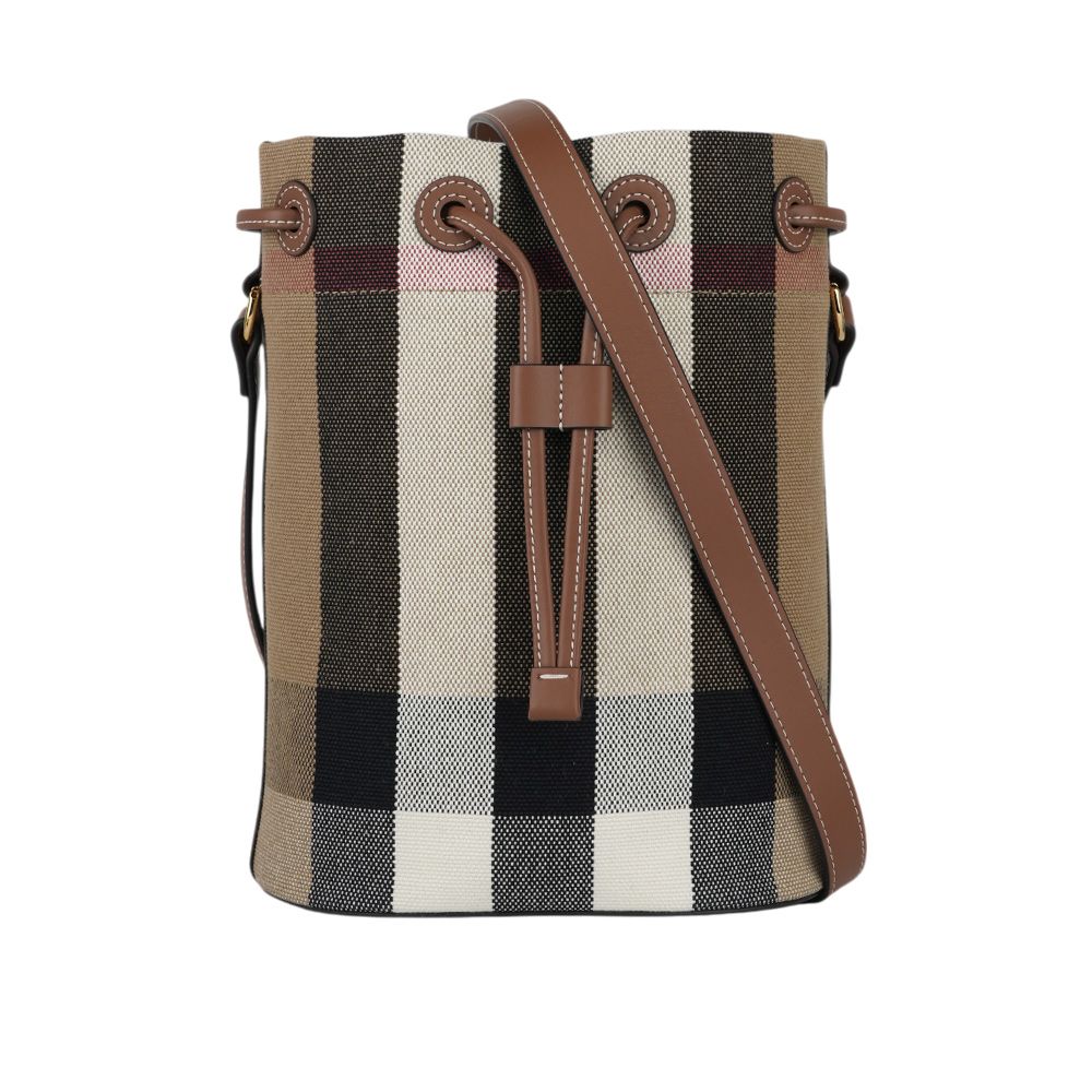 【BURBERRY 巴寶莉】格紋棉質帆布及牛皮小款束口水桶包(灰褐色/棕色)/ 平行輸入