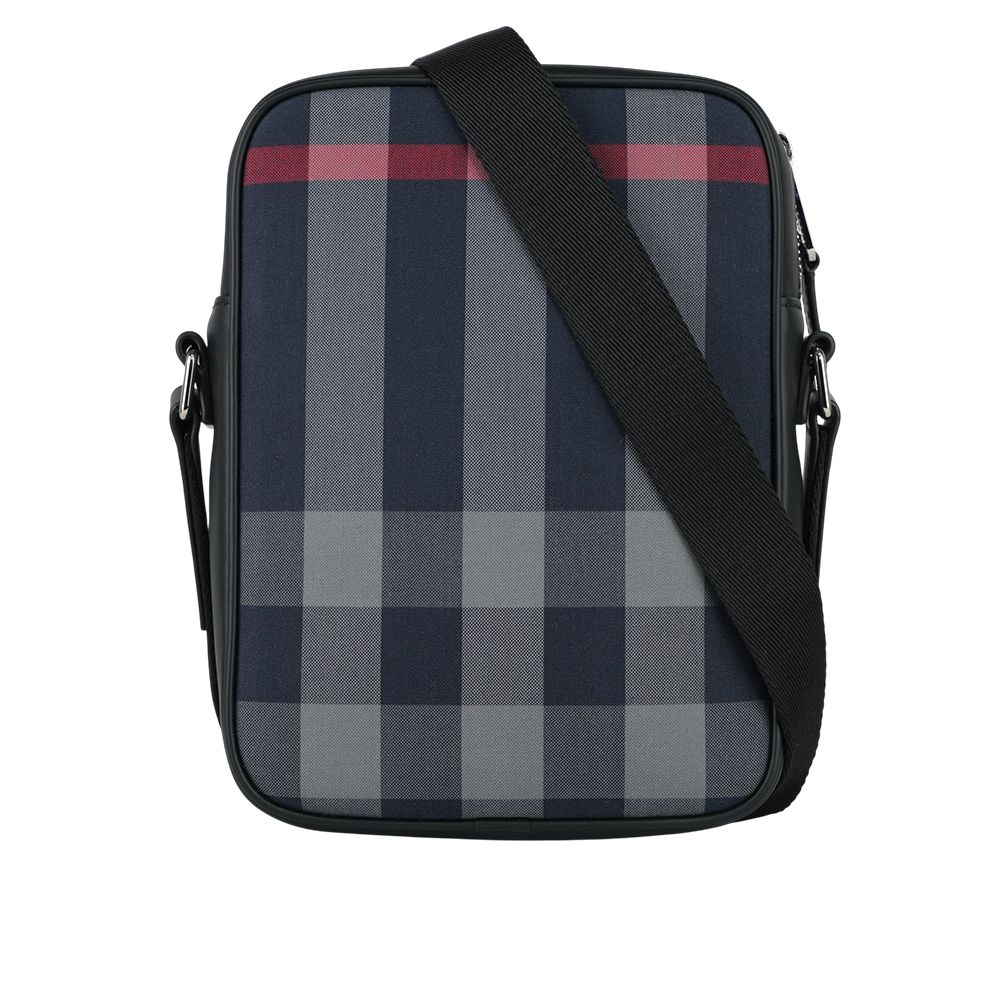 【BURBERRY】Paddy 格紋帆布及牛皮直式斜背包(海軍藍/灰色)/ 平行輸入