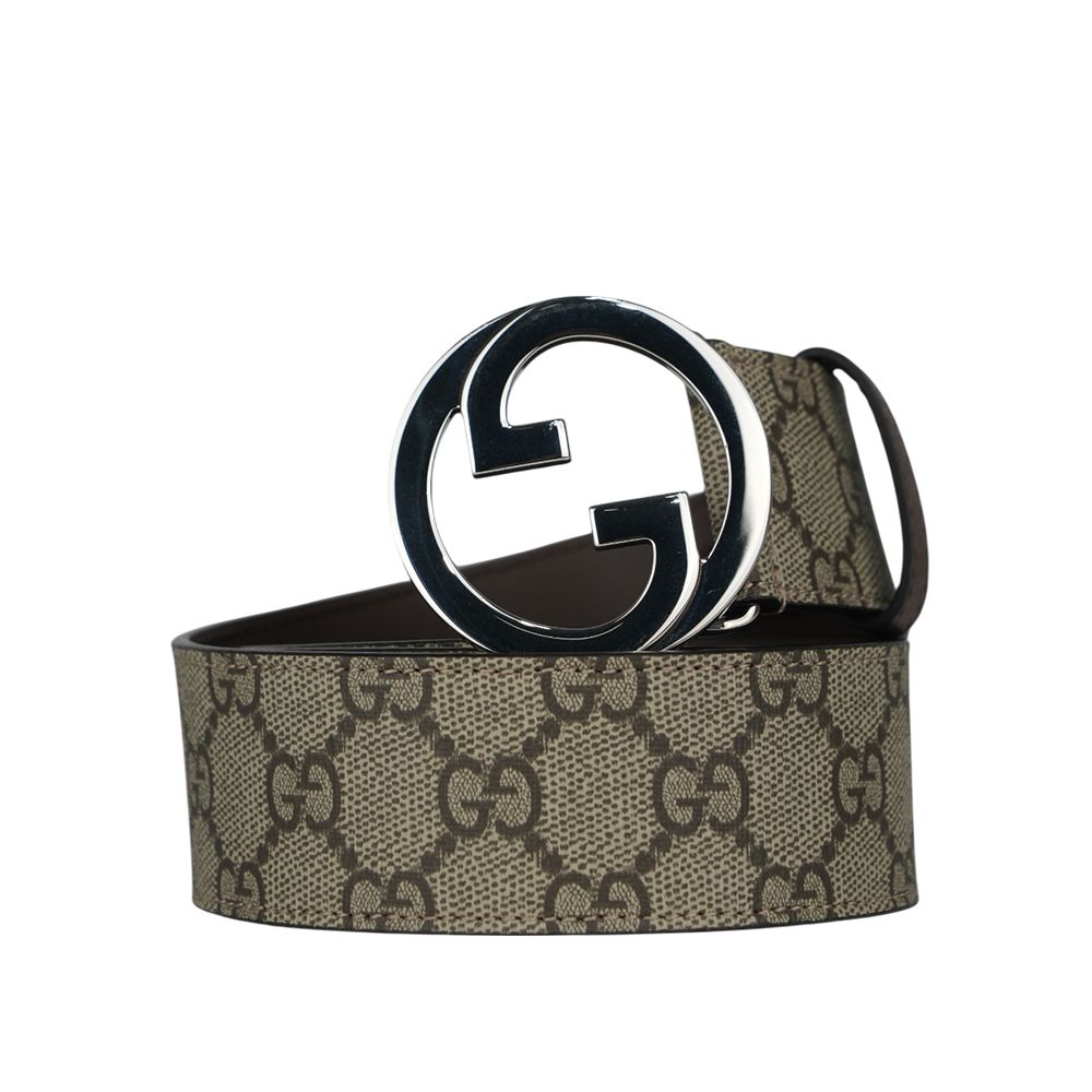 【GUCCI】Blondie GG 銀色標誌塗層帆布及皮革寬4cm皮帶 85cm(棕色)/ 平行輸入