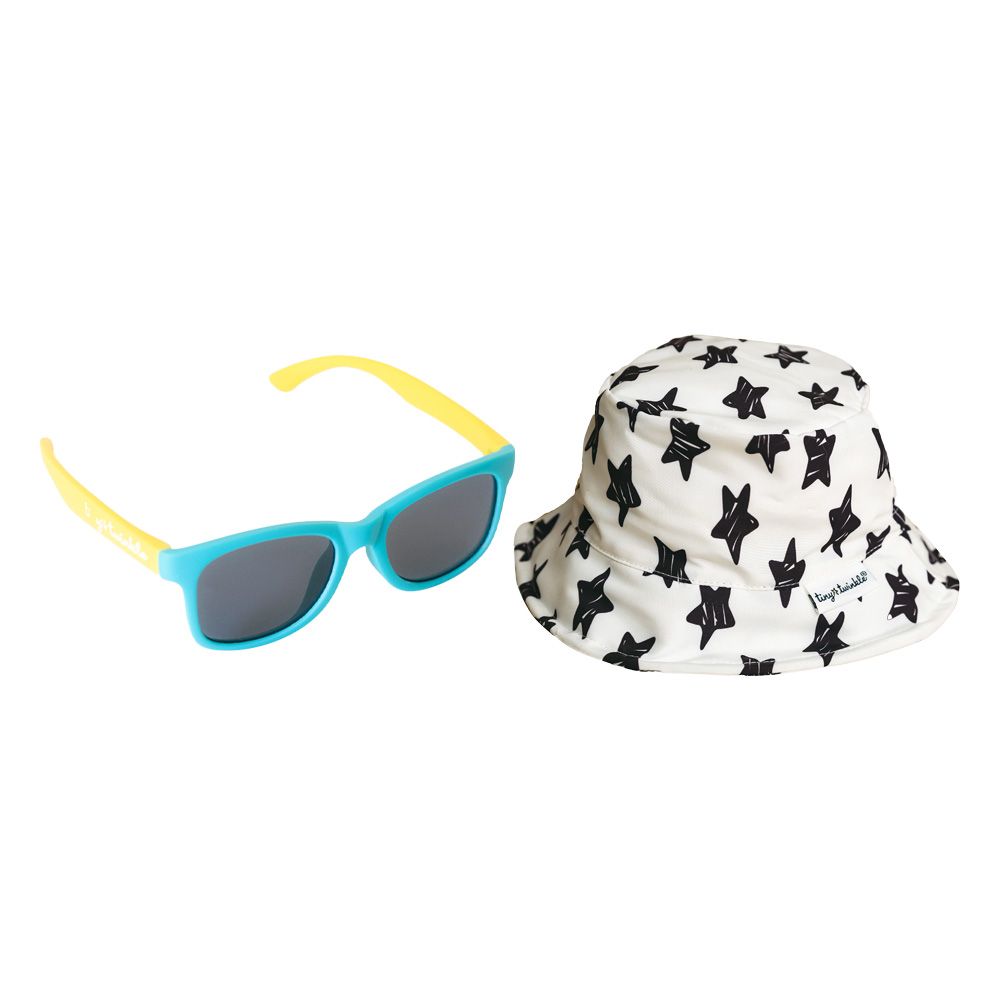 美國 tiny twinkle 外出必備2件組/ 兒童方框太陽眼鏡(亮青黃)/ 兒童遮陽帽(繁星L)
